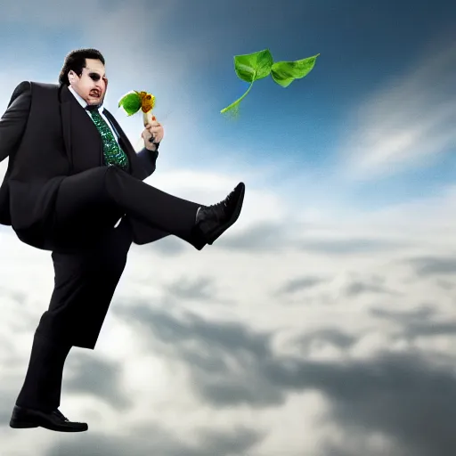 Image similar to Jon Favreau as Happy Hogan wearing a black suit and black necktie climbing a green beanstalk high in the sky of clouds