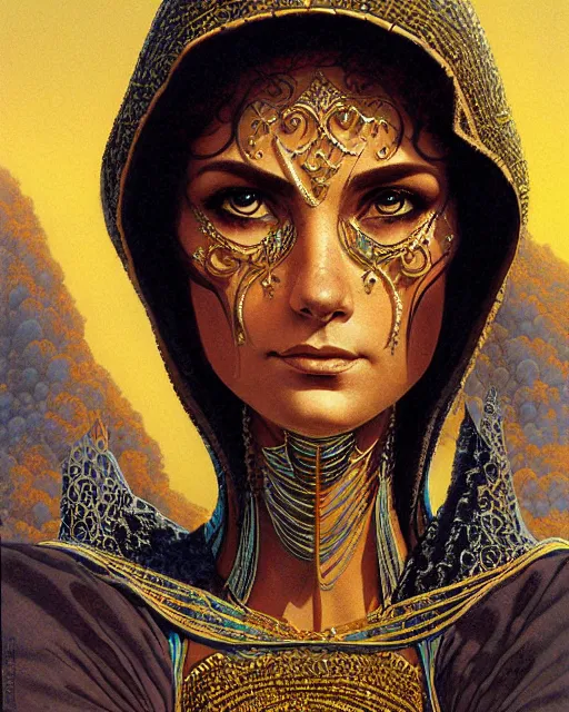 Prompt: arab princess, character portrait, portrait, close up, concept art, intricate details, highly detailed, in the style of chris foss, rodger dean, moebius, michael whelan, and gustave dore