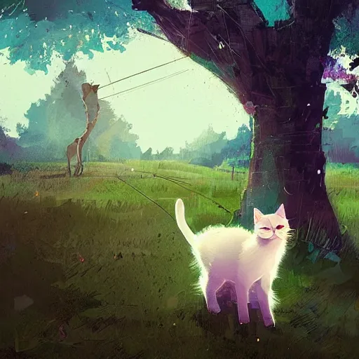 Image similar to A very pretty cat near a tree in the countryside on a windy day by Ismail Inceoglu, cgsociety, mixed media, award winning