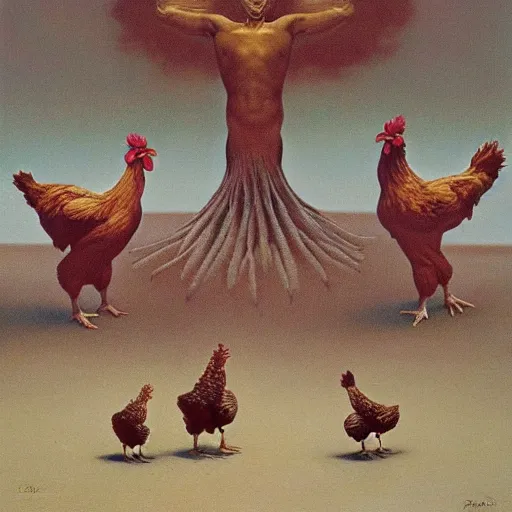 Image similar to gustavo fring and chickens as a zdzisław beksinski painting