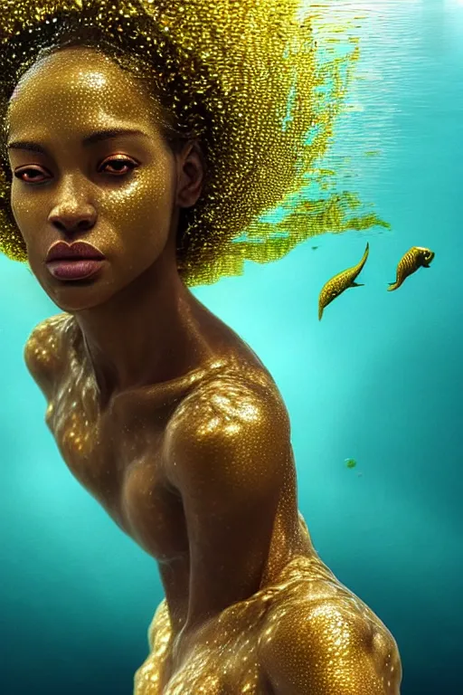 Image similar to hyperrealistic precisionist cinematic half underwater scene with fish and algae, very expressive! translucent elegant african goddess getting out of water, gold jewerly, highly detailed face, digital art masterpiece, aykut aydogdu zener, dramatic volumetric light, long shot, low angle uhd 8 k, sharp focus