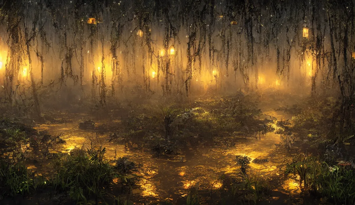 Image similar to swamp at night, stars, path, lanterns, torches, fireflies, bioluminescence, vines, fire, stream, fog, insane details, intricate, elite, ornate, elegant trend, highly detailed and intricate, sharp focus, photography, unreal engine, trending on artstation, photorealistic, octane, hyper detailed, trending on deviantart,