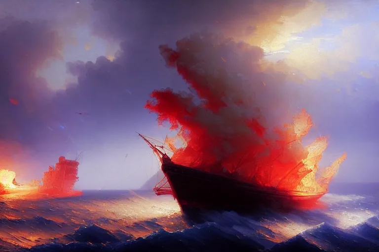 Image similar to Magical Tornado of fire and ice in the sea, destroying boats, islands, painting by Ivan Aivazovsky and Greg Rutkowski, artstation, fantasy, intricate, beautiful, cinematic, octane render, arnold render, 8k, hyper realism, detailed, sharp focus, 4k uhd, masterpiece, award winning