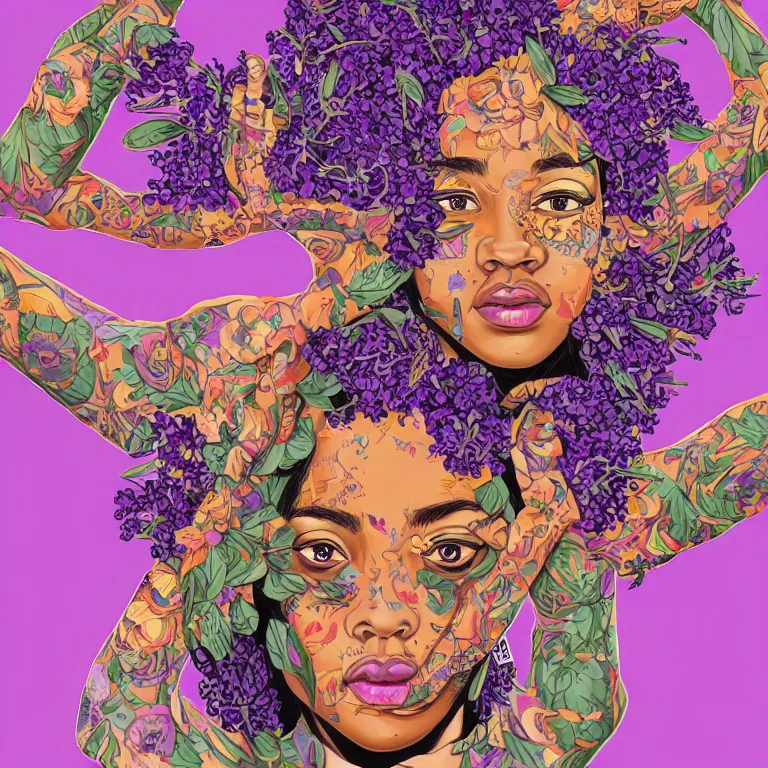 Image similar to gorgeous symmetrical portrait of a crazy black woman with lavender and rose florals growing from her head by tristan eaton and james jean, hyper detailed painting, distance, centered, hd, hq, high resolution, high detail, 4 k, 8 k