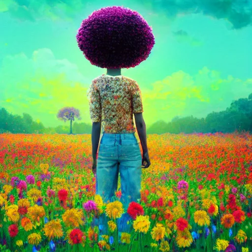 Prompt: afro made of flowers, full body, girl standing in the middle of a field with flowers, surreal photography, hills, big trees, sunrise dramatic light, impressionist painting, colorful clouds, digital painting, pointillism, artstation, simon stalenhag