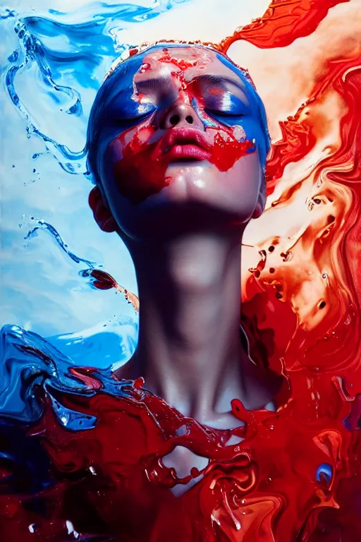 Image similar to 3 d, crying fashion model, flame, liquid deep blue and red water, sun, vogue cover style, poster art, high detail, intricate oil painting, multiple exposure, heaven mood, hyperrealism, 3 d, by tooth wu and wlop and beeple and greg rutkowski