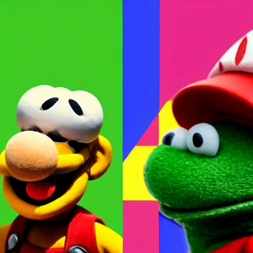 Image similar to A still of Super Mario as a muppet, photo real, photographic, photograph, artstation, trending, featured