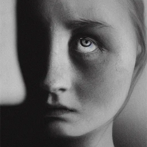 Prompt: woman face staring, portrait, flash photograph, 80mm F2.8, single light source, by Zdzislaw Beksinski