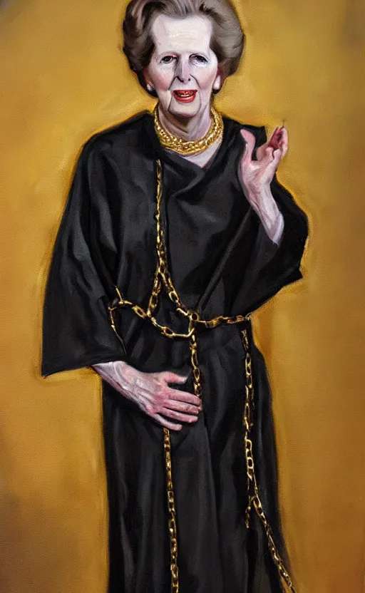 Prompt: an oil portrait of margaret thatcher in ceremonial robe keeping chained distressed servals at her feet, high quality, artstation, higly detailed, dark lighting