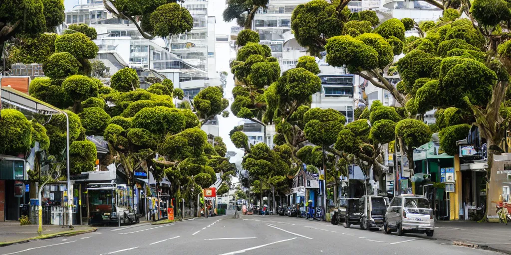 Image similar to a city street in wellington, new zealand but the buildings are interspersed with enormous ancient rimu trees full of epiphytes with birds perching amongst the leaves.