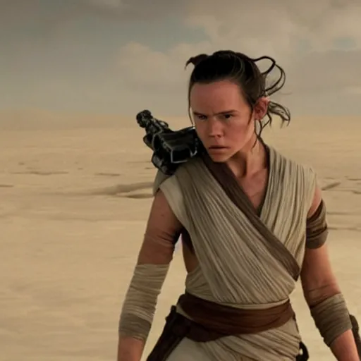 Image similar to a film still of rey skywalker in star wars realistic, detailed