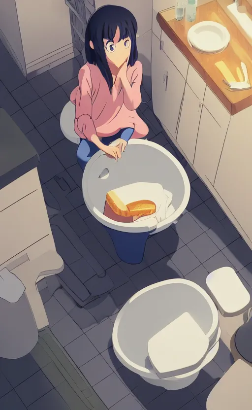 Image similar to a top down view of a girl sitting on the toilet eating toast in a cluttered bathroom with a hoodie on, anime scene by Makoto Shinkai, digital art, 4k