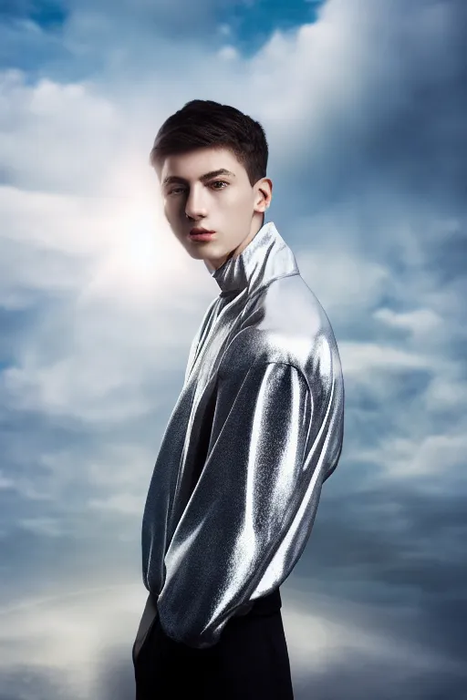 Image similar to un ultra high definition studio quality photographic art portrait of a young man standing on the rooftop of a british apartment building wearing soft padded silver pearlescent clothing. three point light. extremely detailed. golden ratio, ray tracing, volumetric light, shallow depth of field. set dressed.