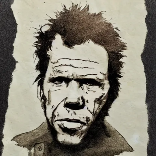 Prompt: tom waits portrait sketch on stained and moldy paper