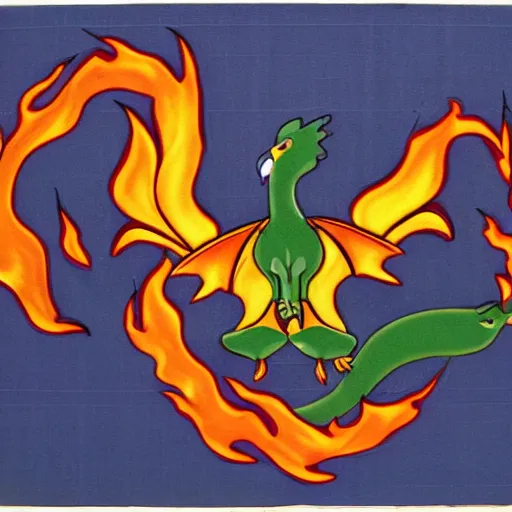 Prompt: fire breathing geese dragon, geese spitting fire, flying bird, fire from mouth, flame thrower