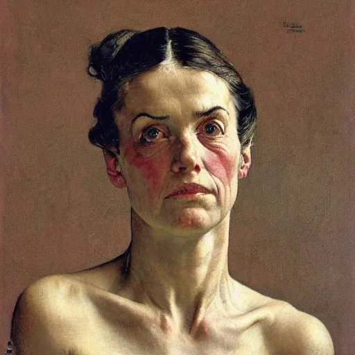 Image similar to A frontal portrait of a delicate, muscular and exhausted woman, by Norman Rockwell.