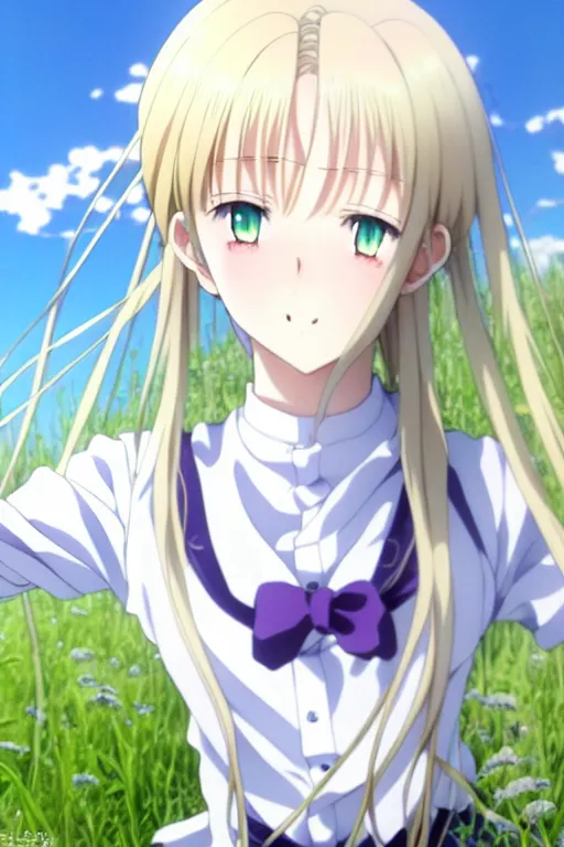 Prompt: anime art full body portrait character concept art, anime key visual of violet evergarden, blonde braids and blue eyes, white shirt and green skirt, finely detailed perfect face delicate features directed gaze, laying down in the grass at sunset in a valley, trending on pixiv fanbox, violet evergarden, studio ghibli, extremely high quality artwork