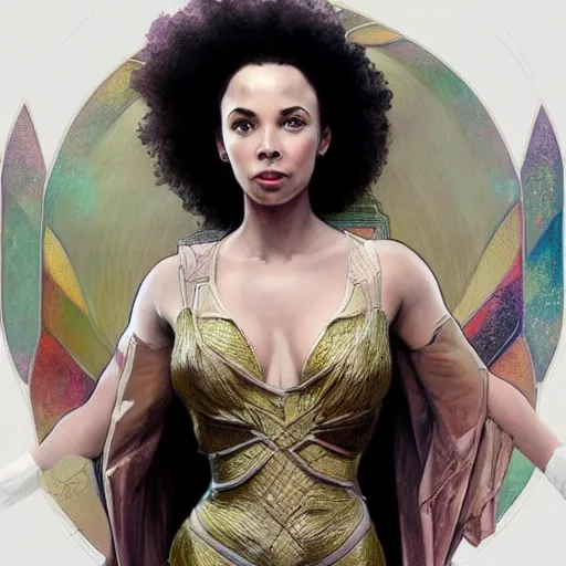 Image similar to full figure ultra realistic illustration, madeleine mantock from charmed second re run, as marvel enchantress, intricate, elegant, highly detailed, digital painting, artstation, concept art, smooth, sharp focus, illustration, art by artgerm and greg rutkowski and alphonse mucha