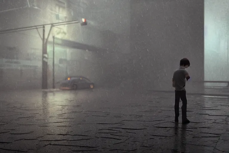 Prompt: boy lonely in rain , wide angle low cinematic lighting atmospheric realistic octane render highly detailed in he style of craig mullins, full hd render + 3d octane render + unreal engine 5 + Redshift Render + Cinema4D + C4D + Rendered in Houdini + Houdini-Render + Blender Render + Cycles Render + OptiX-Render + Povray + Vray + CryEngine + LuxCoreRender + MentalRay-Render + Raylectron + Infini-D-Render + Zbrush + DirectX + Terragen + Autodesk 3ds Max + After Effects + 4k UHD + immense detail + interdimensional lightning + studio quality + enhanced quality