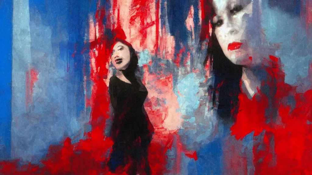 Image similar to portrait of rebekah delrio in mulholland drive, blue and red lights painted by craig mullins