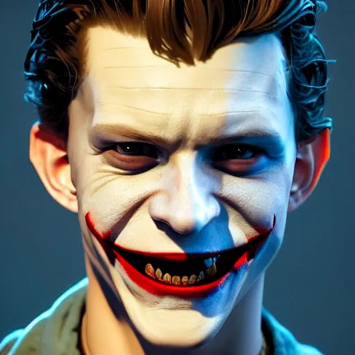 Prompt: tom holland as young joker, fine detailed face, long hair, stunning 3 d render inspired art by greg rutkowski and xiang duan and thomas eakes, realistic, highly detailed attributes and atmosphere, dim volumetric cinematic lighting, 8 k octane detailed render, post - processing, masterpiece,