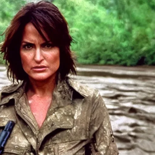 Prompt: film still, close up, mariska hargitay as olivia benson rising out of muddy vietnam river holding her badge, face covered in mud, low camera angle at water level, night time, film still from apocalypse now ( 1 9 7 9 ), 2 6 mm.