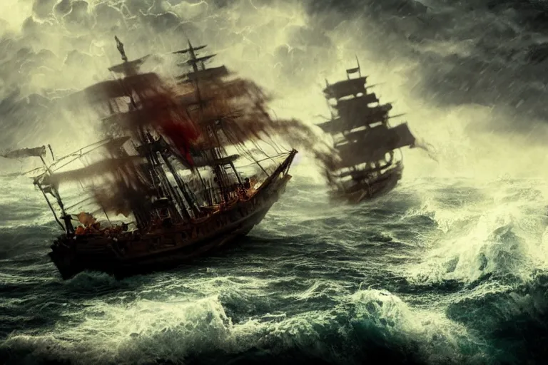 Image similar to epic pirate ship cannon battle in a storm, in the style of vernon grant and chris van allsburg, raging stormy sea, trending on artstation, bright tilt - shift camcorder effect, photoshop, retrowave, hyperrealism, octane, sharp focus, masterpiece