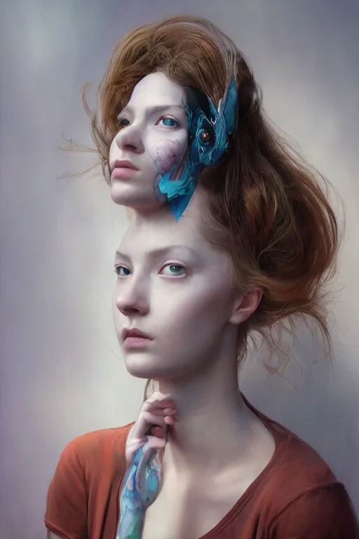 Prompt: A surreal painting causing skewed and negative outcomes in this gorgeous female portrait, in the style of James jean, Brian froud, ross tran, realistic 3D, digital art, insanely detailed, octane render, unreal engine, hyper-realistic, super detailed