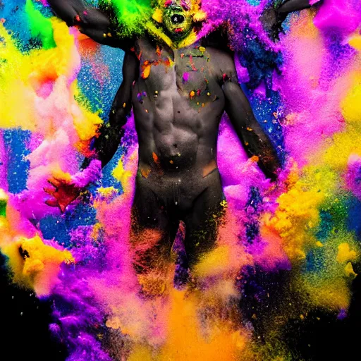 Image similar to a man covered in colored powder standing in front of a black background, digital art by alberto seveso, shutterstock contest winner, action painting, behance hd, vivid colors, zbrush