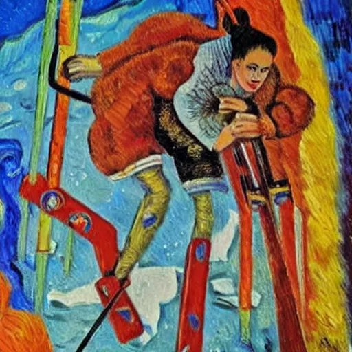 Image similar to oil painting of Frida kahlo skiing down mount Everest with Salvador Dali, in the style of van Gogh