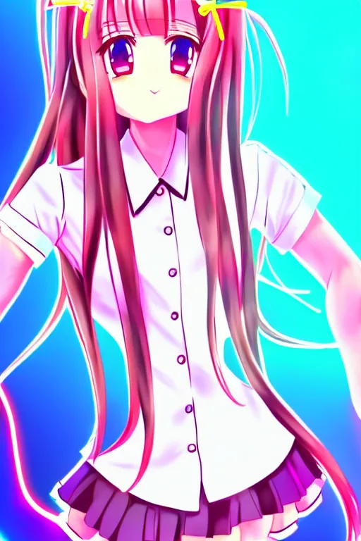 Image similar to full body anime portrait of a cute girl round eyes long hair dressed in a school uniform cinematic stunning highly detailed 4 k neon anatomically correct