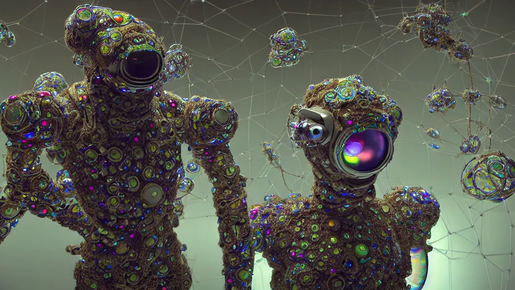 Image similar to a cybernetic symbiosis of a single astronaut mech-organic eva suit made of pearlescent wearing knitted shiny ceramic multi colored yarn thread infected with diamond 3d fractal lace iridescent bubble 3d skin dotted covered with orb stalks of insectoid compound eye camera lenses floats through the living room, film still from the movie directed by Denis Villeneuve with art direction by Salvador Dalí, wide lens,kevlar,carbon fiber,ceramics,gaseous materials,