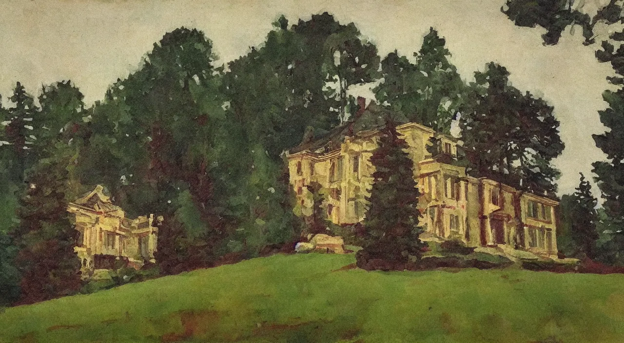 Image similar to the mansion in the woods, in the style of gifford beal,