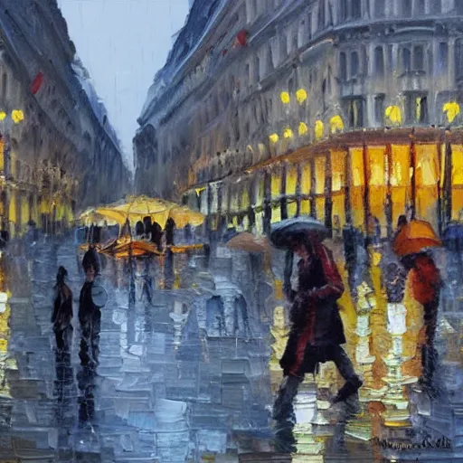 Prompt: Public square in Paris, it is night and raining, oil painting , highly detailed , high contrast, beautiful lighting, award winning , trending on art station, photorealistic, 8k