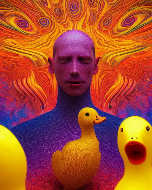 Prompt: portrait ultra dimensional ducky entity, accidentally tripping on dmt and acid, psychedelic experience, overwhelming psychosis of self realization and burning awakening, ultra high definition, unreal engine 5, hyperrealism, masterpiece composition, by casey weldon, barclay shaw 8 k photorealistic