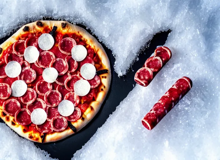 Image similar to clear highly detailed photorealistic food photograph of a pizza half stuck frozen in an ice cube with salami pepperoni lying in the snow, skiers in the background