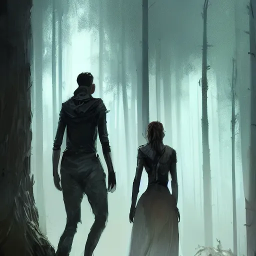 Image similar to concept art by greg rutkowski, a very tall and slender young man walking with a very tall and slender woman through a forest of giant trees, dark atmosphere, surrounded by fireflies, detailed portraits, disturbing atmosphere, scifi, digital painting, artstation, concept art, smooth, sharp foccus ilustration, artstation hq