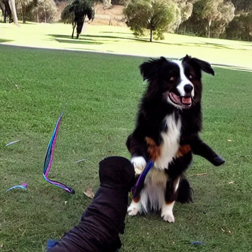 Image similar to australian shepherd fighting darth vader