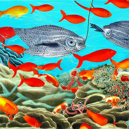 Prompt: battle of fishes, surreal