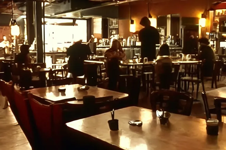 Prompt: 2 0 0 0 s footage of a hideous demon standing in a dimly lit cafe