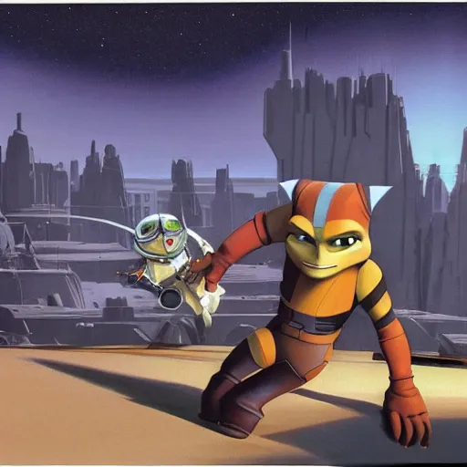 Prompt: ralph mcquarrie concept art for ratchet & clank, matte scene