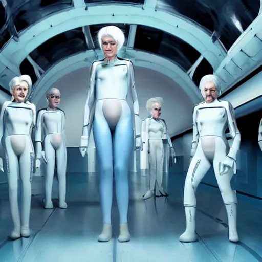 Image similar to troop of freak show women with white hair, white hair, tight light blue neopren suits, futuristic production facility, sci - fi, highly detailed, cinematic