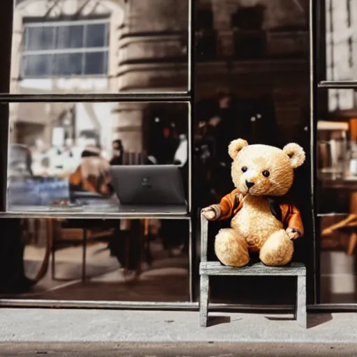 Image similar to teddy bear sitting in a cafe using a laptop, city streets in window, cinematic, highly detailed