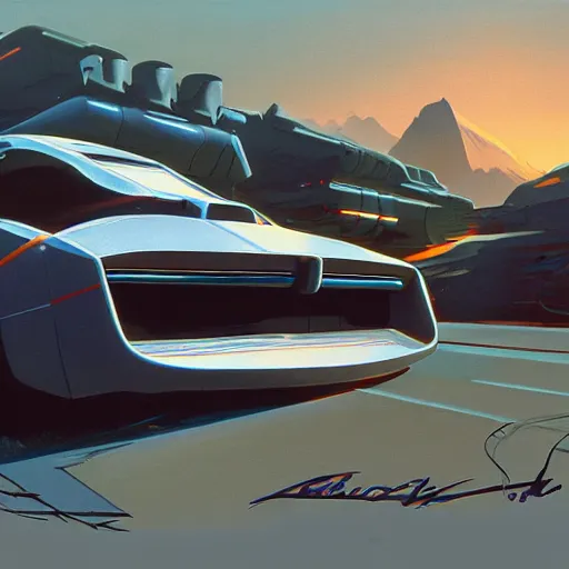 Prompt: detailed painting of a scifi car, artstation, syd mead, cinematic