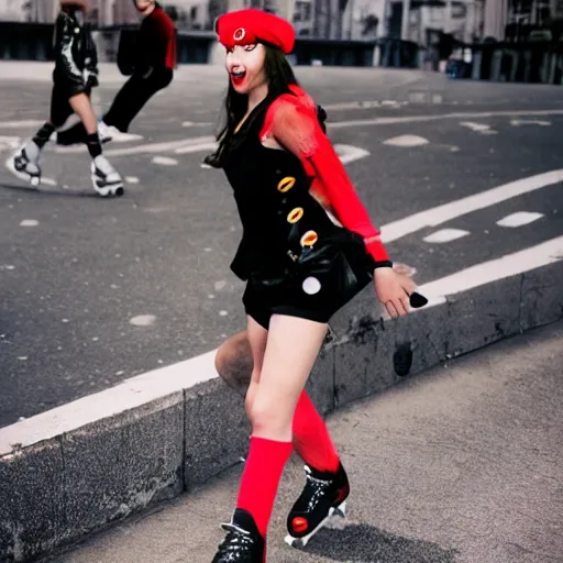 Prompt: Teenage girl, French girl, black beret, black beret with a red star, black shirt with red star, black leather shorts, rollerblading, rollerskates, grinding on railing, city on a hillside, colorful buildings, futuristic architecture