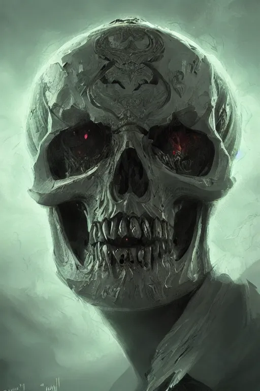 Image similar to concept art skull lord, brushstroke, close - up portrait, powerfull, intricate, elegant, volumetric lighting, scenery, digital painting, highly detailed, artstation, sharp focus, illustration, concept art, ruan jia, steve mccurry