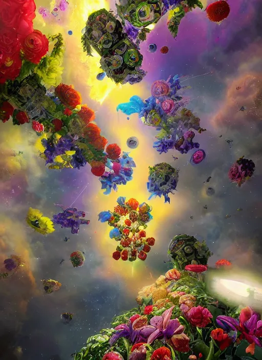 Image similar to An epic fantastic realism comic book style painting of the most beautiful flowers launched into space, bouquets, glorious galactic collision, sharp focus, fisheye, unreal 5, DAZ, hyperrealistic, octane render, dynamic lighting