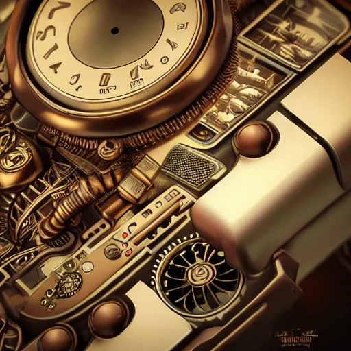Prompt: steampunk nintendo console with hand controls, lights, steam, Insanely detailed and intricate, clean photorealistic realistic, hyper-realistic, super detailed, realistic octane render, 8K, poster