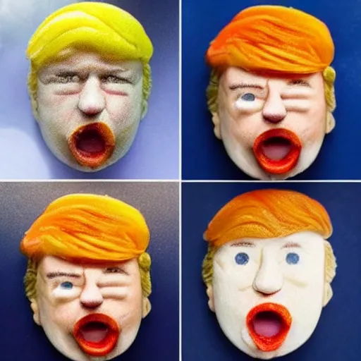 Prompt: edible donald trump made step by step : 1 ) face is made of orange pieces 2 ) hair is made of shredded lemon skin 3 ) suit is made of blueberries and whipped cream 4 ) fine details are filled in using sprinkles, from the beautiful'food art collection ', dslr