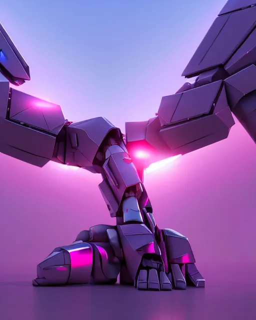 Image similar to hyperrealistic 3d render full mecha iridescent pink peace sign dramatic landscape concept art vray ute osterwald de chirico sharp cinematic very moody light 8k low angle shallow depth of field